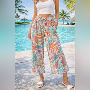Shore Life Women's Resort Wear Colorful Tropical Beach Wide Leg Crop Pants Large
